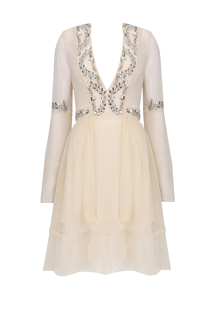 Beige Crystal Embroidered Tulle Dress by Kanika J Singh