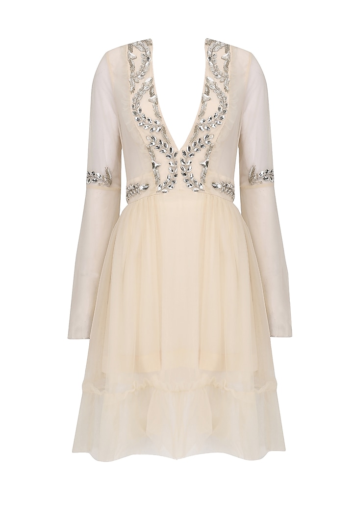 Beige crystal embroidered tulle dress available only at Pernia's Pop Up Shop.
