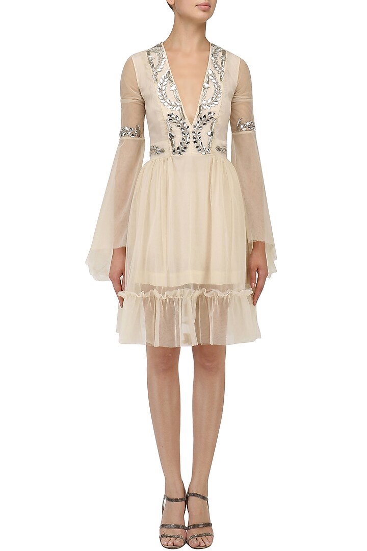 Beige crystal embroidered tulle dress available only at Pernia's Pop Up Shop.