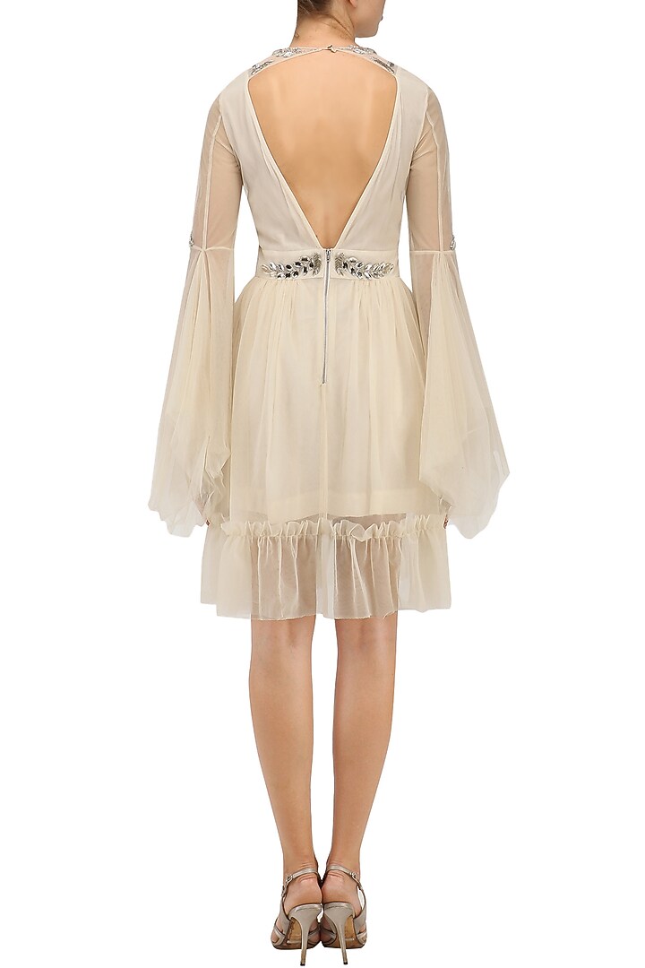 Beige crystal embroidered tulle dress available only at Pernia's Pop Up Shop.