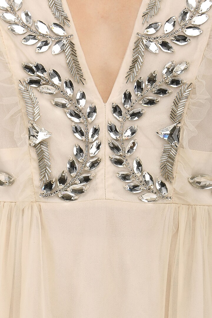 Beige crystal embroidered tulle dress available only at Pernia's Pop Up Shop.