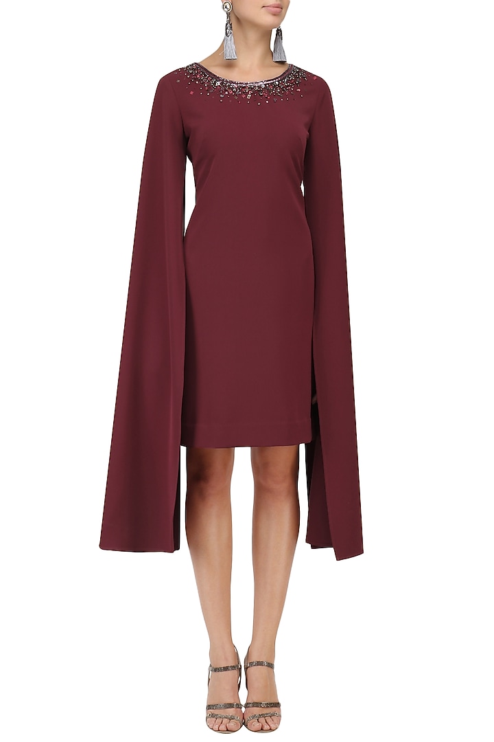 Burgundy cape sleeves dress available only at Pernia's Pop Up Shop.