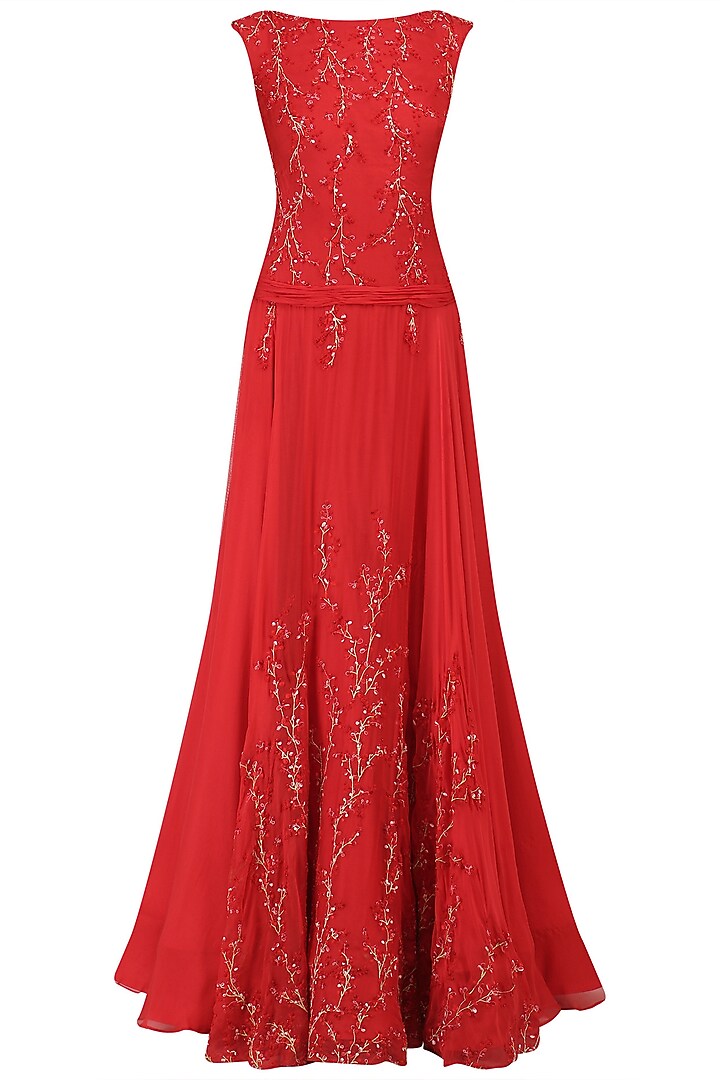 Red Thread Embroidered Flared Gown by Kanika J Singh