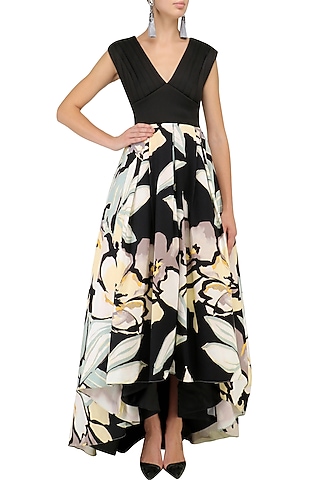 Black Floral Pleated Gown by Kanika J Singh