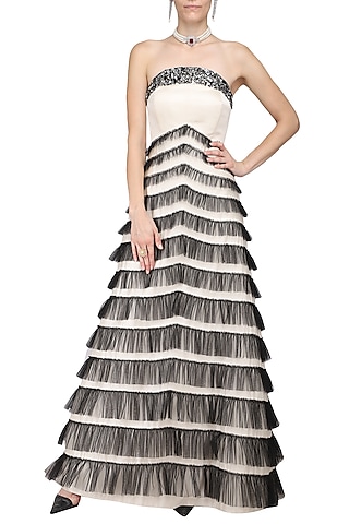 White Embroidred Off Shoulder Gown by Kanika J Singh