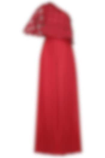 Red One Shoulder Cape Jumpsuit by Kanika J Singh