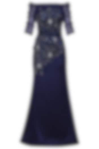 Navy Blue Off Shoulder A Line Gown by Kanika J Singh