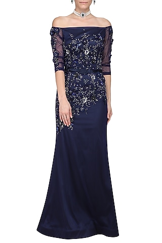 Navy Blue Off Shoulder A Line Gown by Kanika J Singh