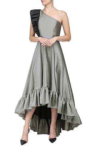 Grey High Low One Shoulder Gown by Kanika J Singh