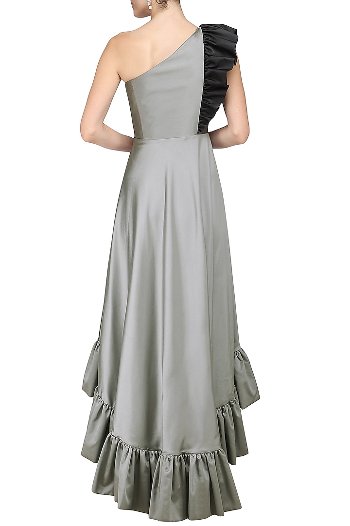 Grey high low one shoulder gown available only at Pernia's Pop Up Shop.