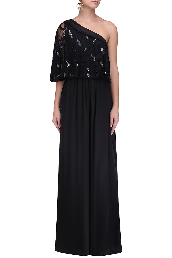 Black One Shoulder Cape style Jumpsuit available only at Pernia's Pop Up Shop.
