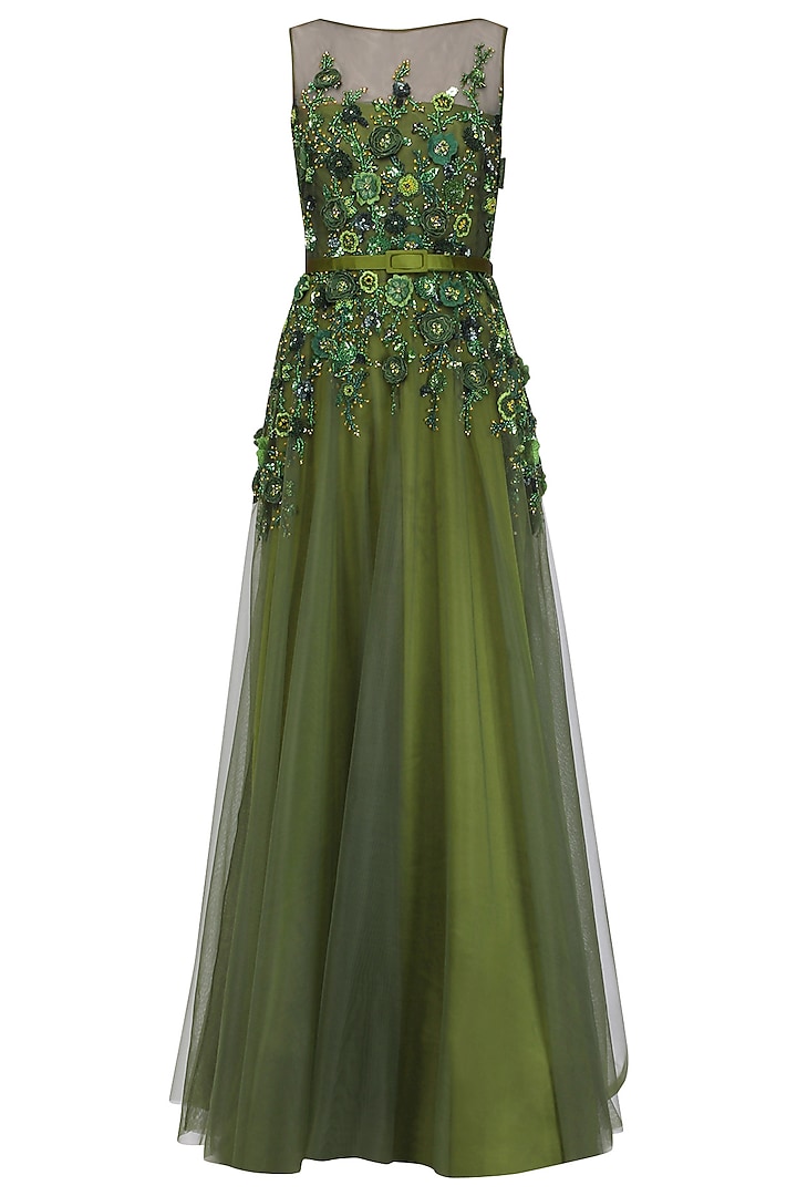 Olive Floral Embroidered Gown by Kanika J Singh