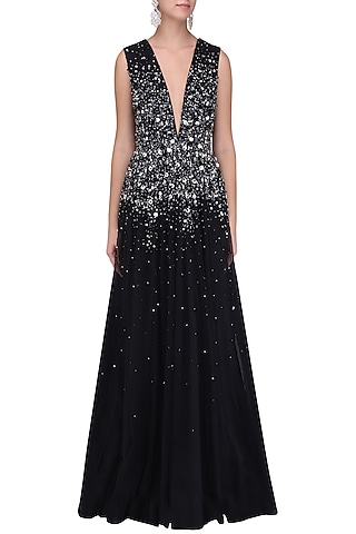 Black Sprinkle Embroidered Gown by Kanika J Singh