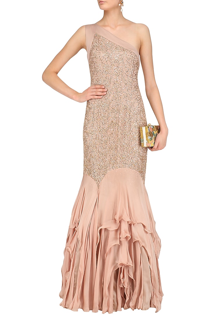 Golden lace work one shoulder frilled gown available only at Pernia's Pop Up Shop.