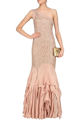 Golden Lace Work One Shoulder Frilled Gown by Kanika J Singh