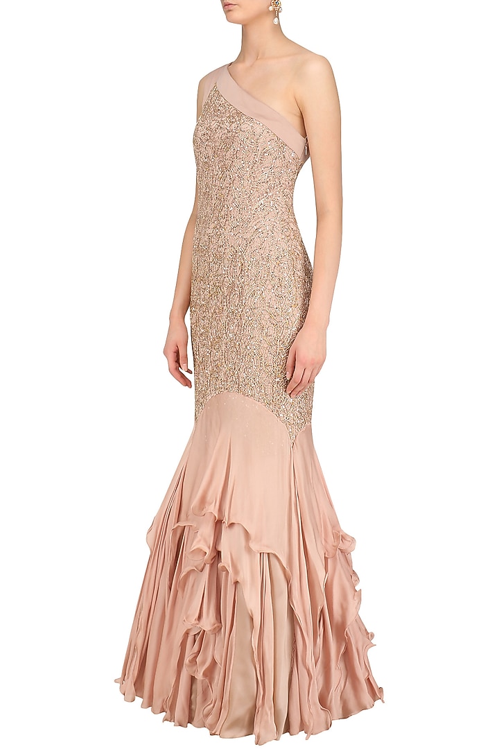 Golden lace work one shoulder frilled gown available only at Pernia's Pop Up Shop.