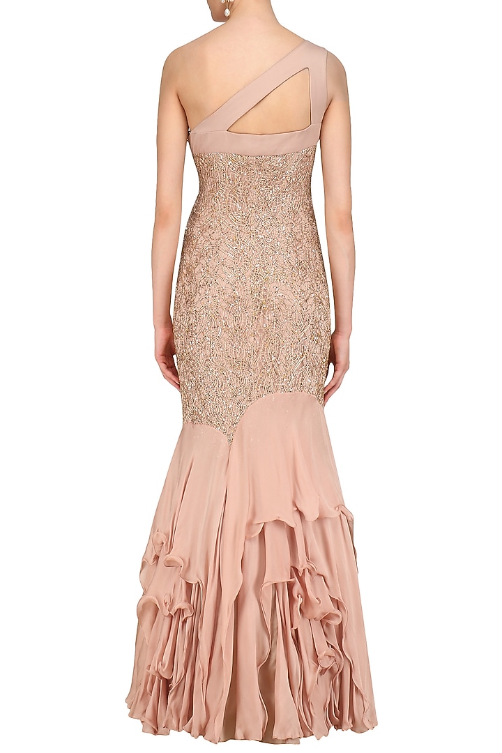 Golden lace work one shoulder frilled gown available only at Pernia's Pop Up Shop.