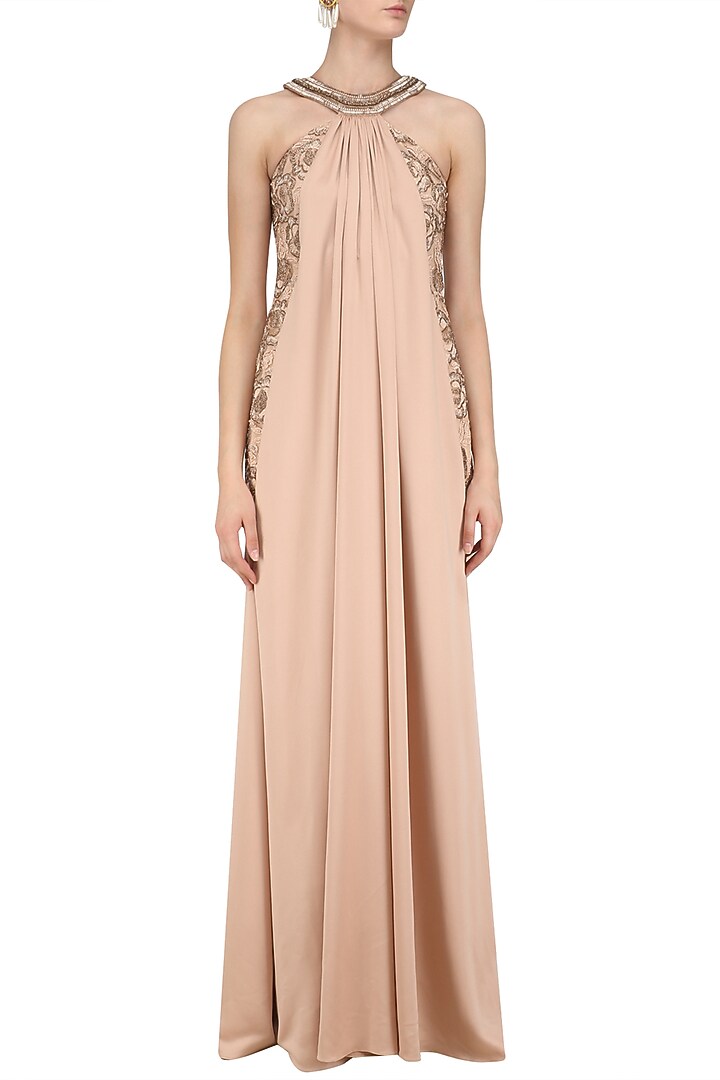 Peach floral embroidered halter gown available only at Pernia's Pop Up Shop.