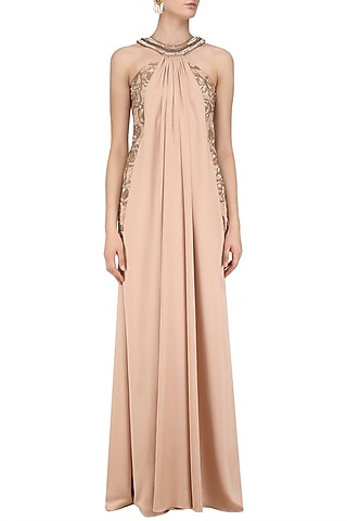 Peach Floral Embroidered Halter Gown by Kanika J Singh