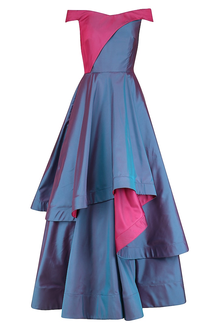 Blue and Pink Tiered Flared Gown by Kanika J Singh