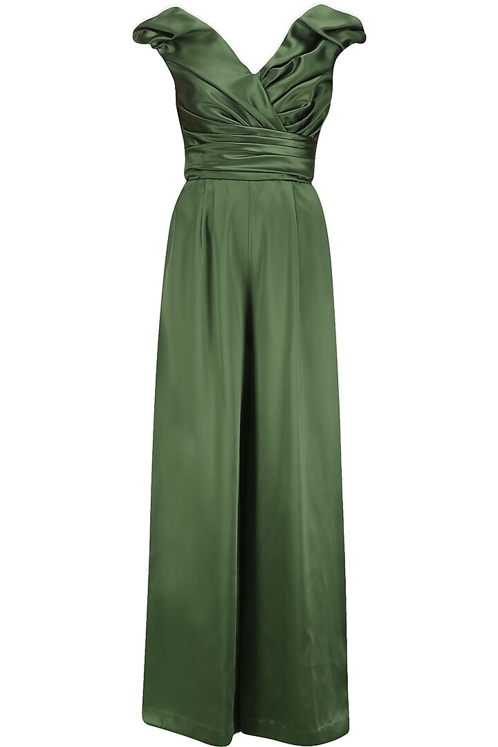 Olive Green Ruched Pleated Dramatic Jumpsuit by Kanika J Singh