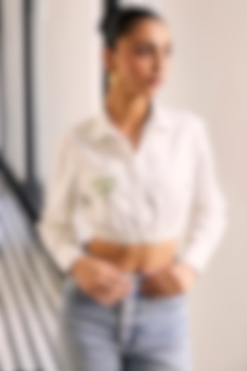 Off-White Mesh & Twill 3D Floral Embellished Shirt by Kay Kay at Pernia's Pop Up Shop