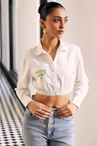 Off-White Mesh & Twill 3D Floral Embellished Shirt by Kay Kay