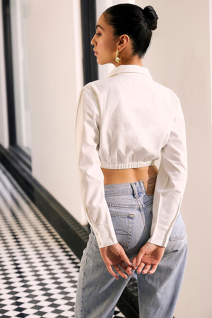 Off-White Mesh & Twill 3D Floral Embellished Shirt by Kay Kay at Pernia's Pop Up Shop