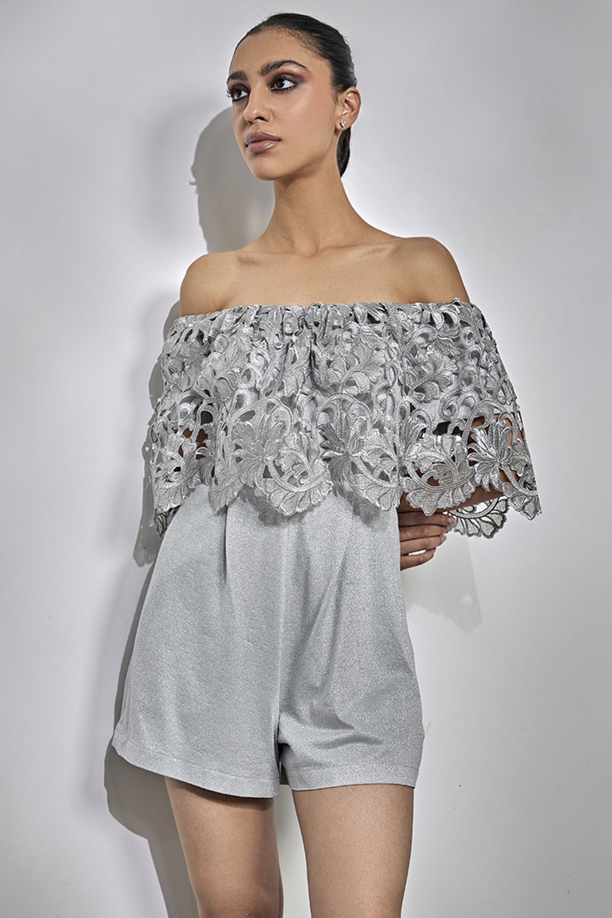 Silver Lurex Mesh Romper by Kay Kay at Pernia's Pop Up Shop