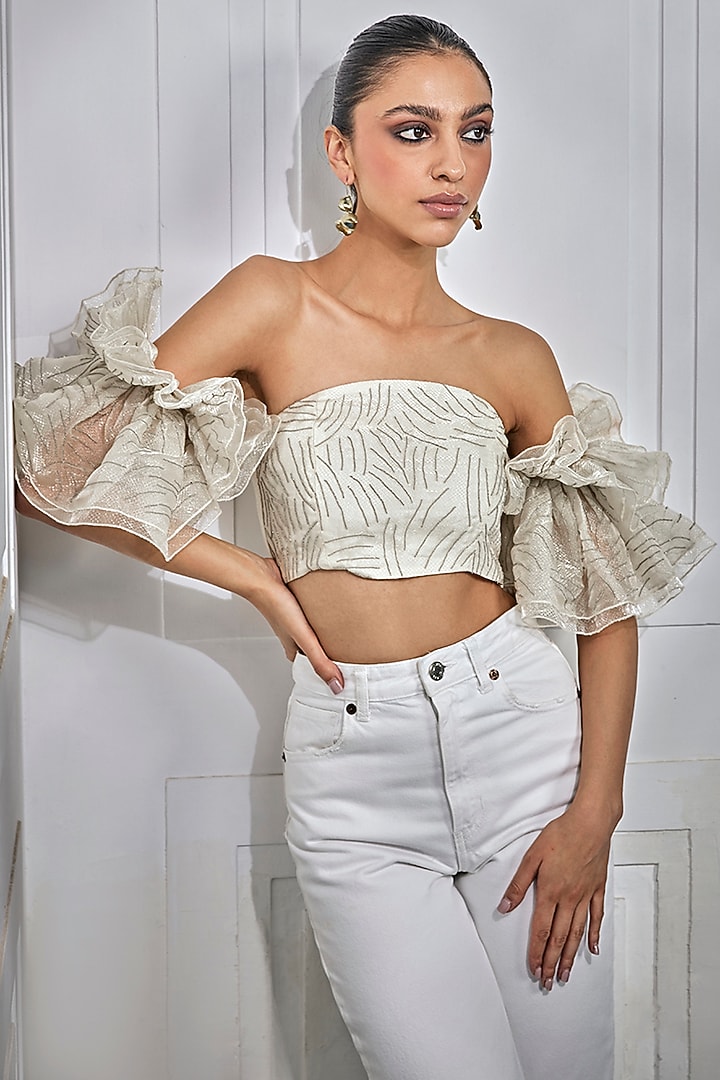 Pale Gold Organza Chain Embroidered Top by Kay Kay at Pernia's Pop Up Shop