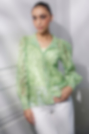 Green Poly Mesh Cord Embroidered Shirt by Kay Kay at Pernia's Pop Up Shop