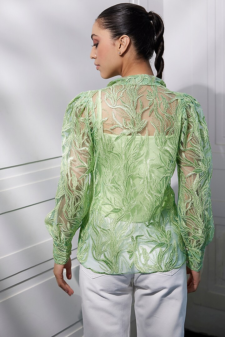 Green Poly Mesh Cord Embroidered Shirt by Kay Kay at Pernia's Pop Up Shop