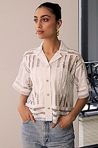 Off-White Lace & Mesh Shirt by Kay Kay