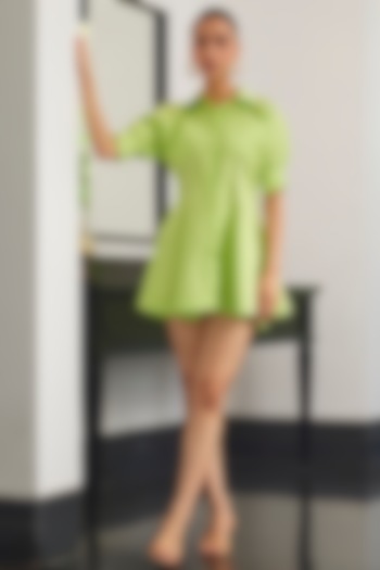 Neon Green Poplin Hand Embellished Mini Summer Shirt Dress by Kay Kay at Pernia's Pop Up Shop