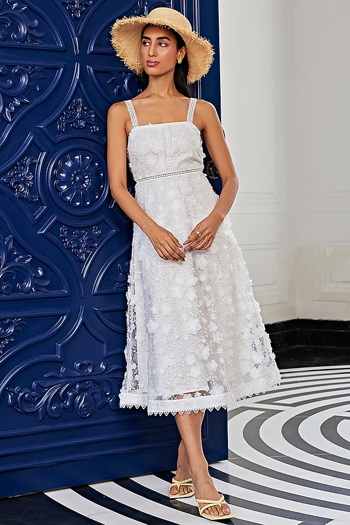 Off-White Mesh 3D Floral Embellished Midi Vacation Dress by Kay Kay at Pernia's Pop Up Shop