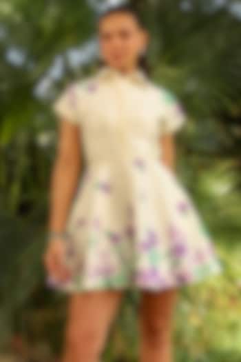 Off-White Raw Silk Floral Embellished Mini Summer Dress by Kay Kay at Pernia's Pop Up Shop