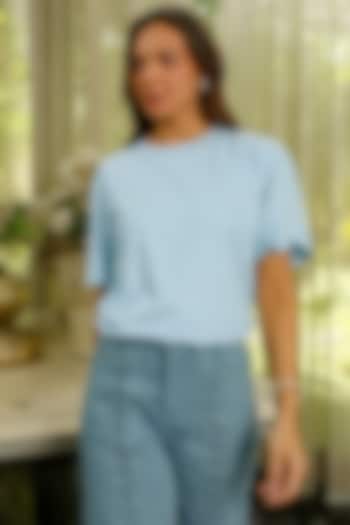 Sky Blue Jersey Knit Hotfix Embroidered T-Shirt by Kay Kay at Pernia's Pop Up Shop