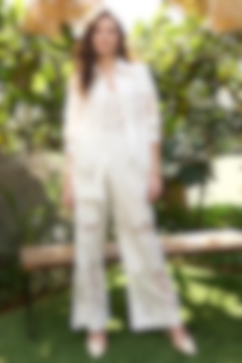 Off-White Poplin Lace Embroidered Co-Ord Set by Kay Kay at Pernia's Pop Up Shop