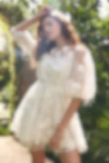 White Poly Mesh Woven Mini Vacation Dress by Kay Kay at Pernia's Pop Up Shop