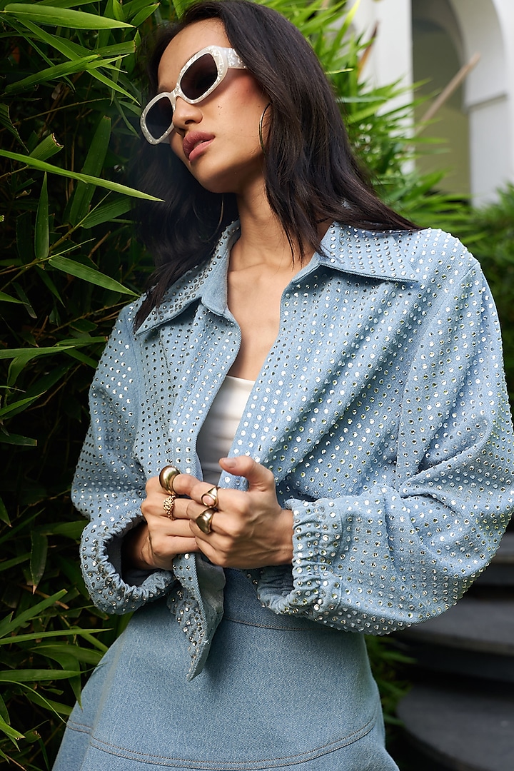 Blue Denim Swarovski Jacket by Kay Kay at Pernia's Pop Up Shop