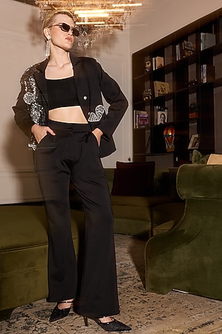 Black Scuba Knit 3D Floral Blazer Set by Kay Kay