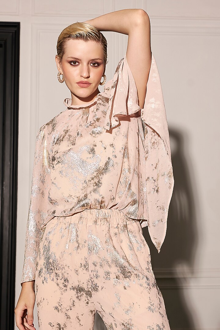 Peach Chiffon Foil Printed Co-Ord Set by Kay Kay at Pernia's Pop Up Shop