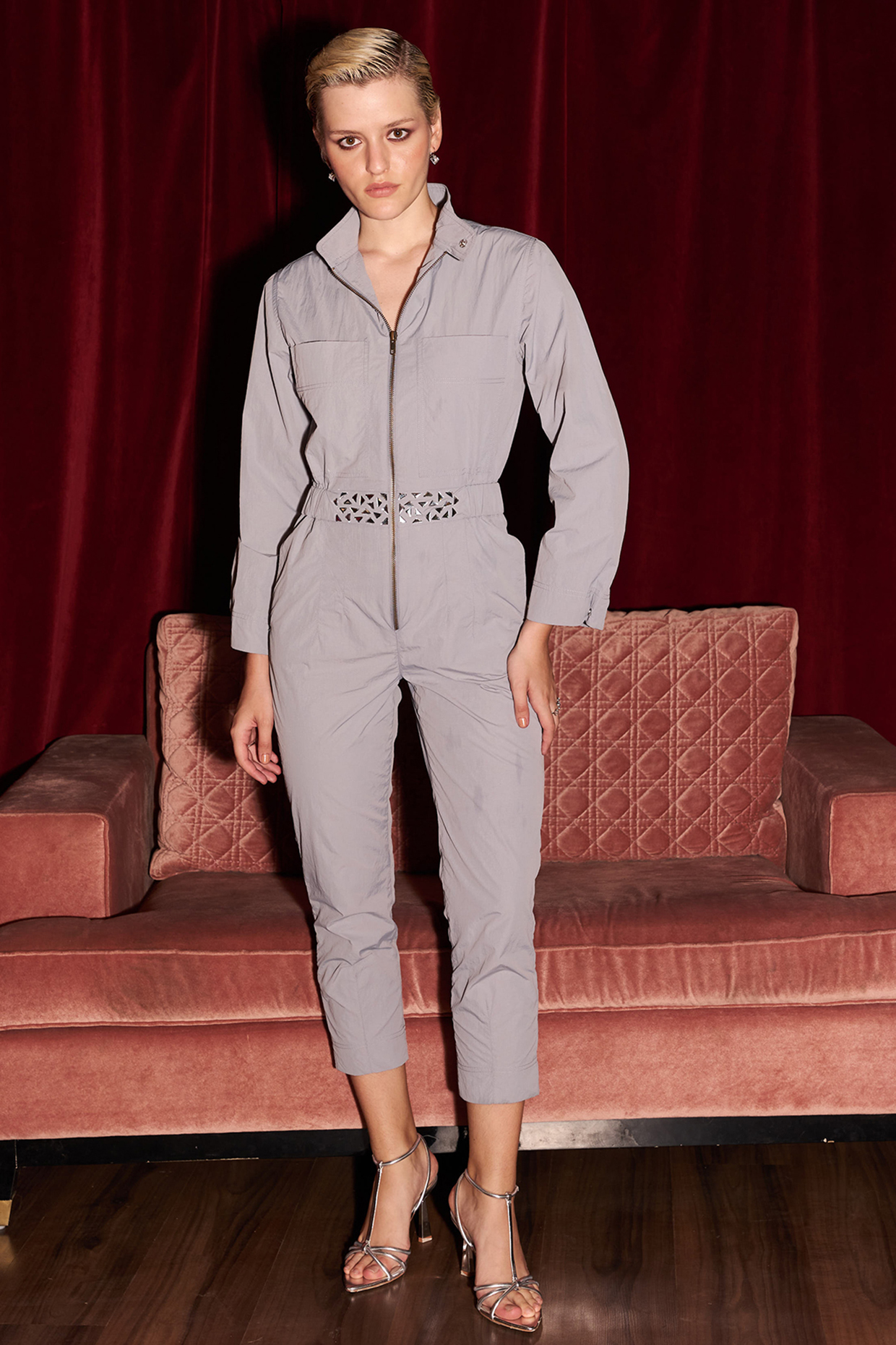 Grey Taffeta Embellished Jumpsuit by Kay Kay at Pernia's Pop Up Shop