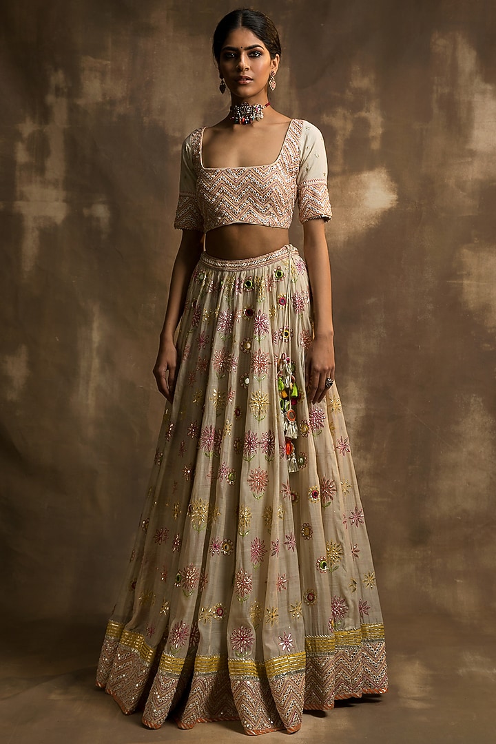 Cream Bridal Lehenga Set With Embroidered Blouse by Karishma Khanduja Bareilley at Pernia's Pop Up Shop