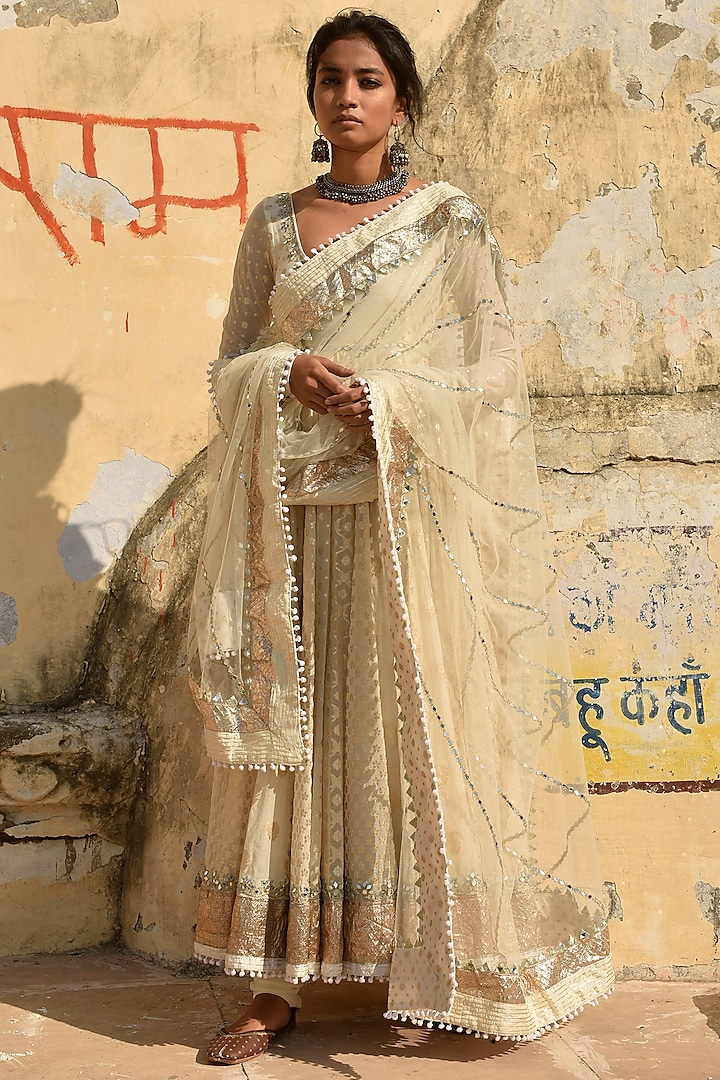 Ivory Anarkali Set With Gota Work by Karishma Khanduja Bareilley