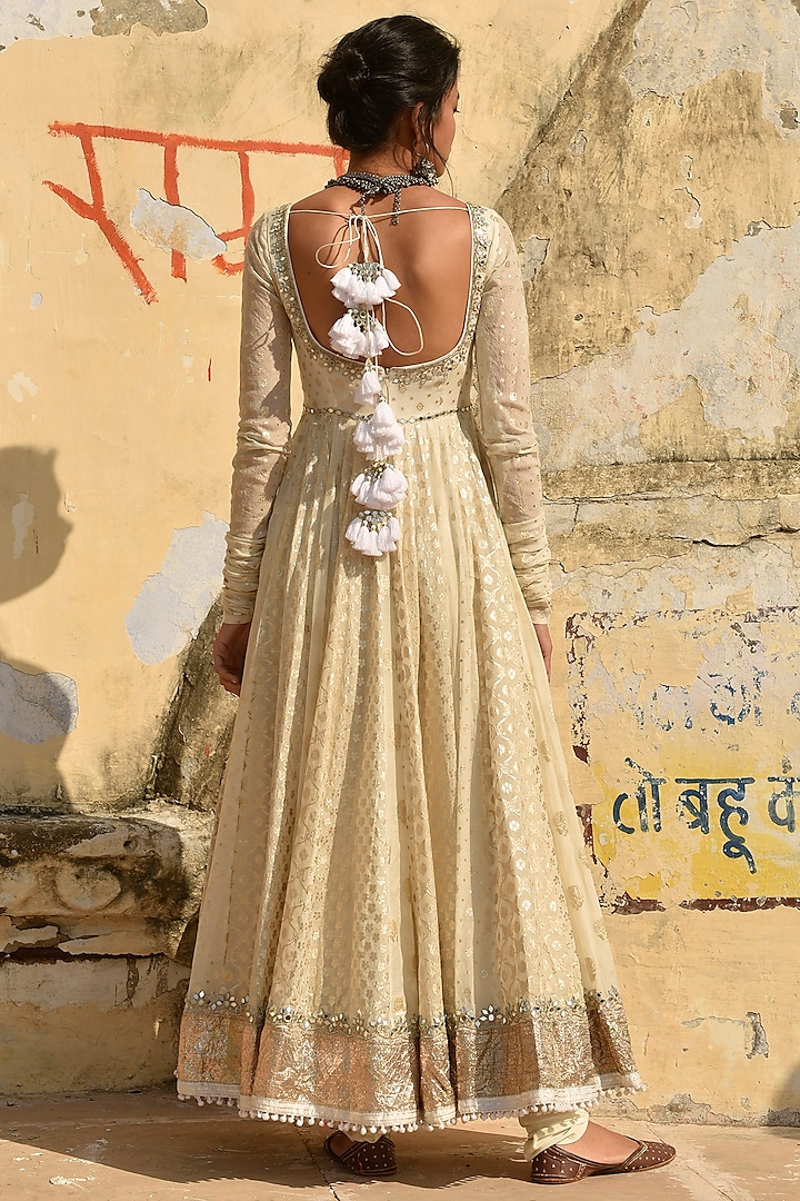 White anarkali with hot sale golden border