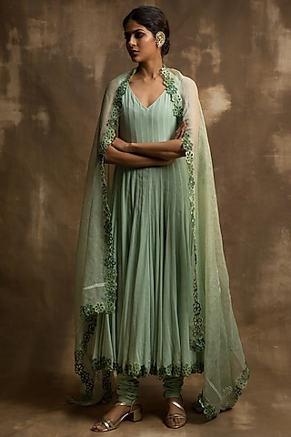 Pista Green Cotton Anarkali Set by Karishma Khanduja Bareilley
