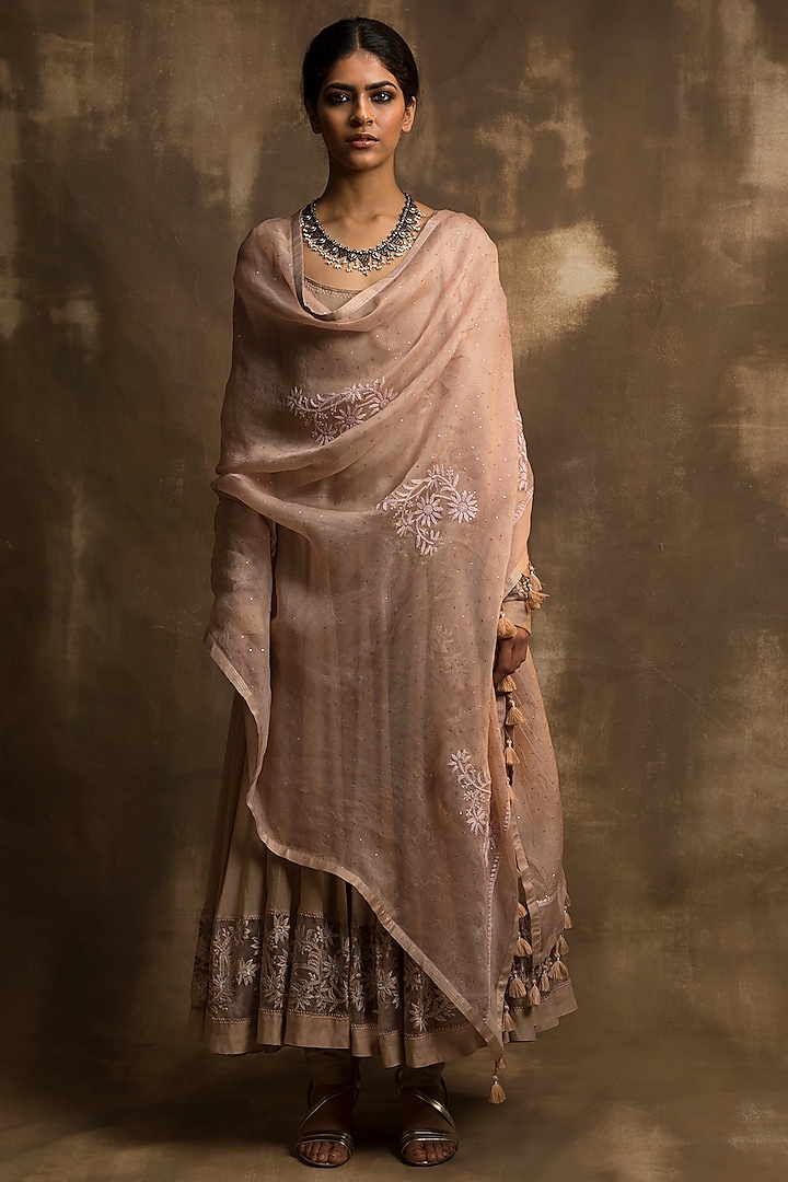 Beige Machine Embroidered Wedding Anarkali Set by Karishma Khanduja Bareilley at Pernia's Pop Up Shop