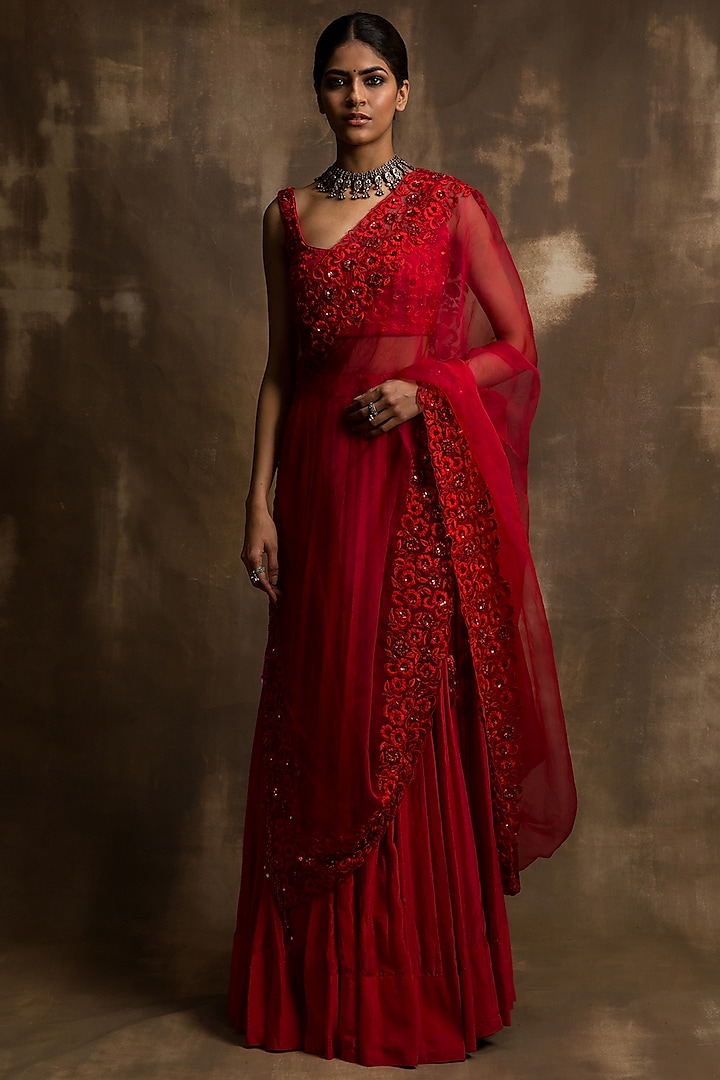 Red Sequins Embroidered Lehenga Set by Karishma Khanduja Bareilley