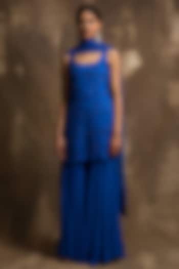 Royal Blue Georgette Gharara Set by Karishma Khanduja Bareilley at Pernia's Pop Up Shop